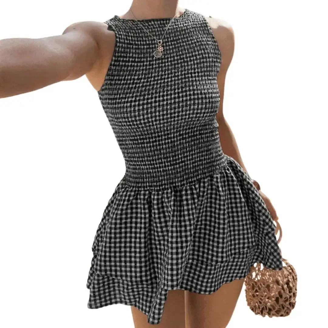 LACINDA™ – Elegante vestido abullonado de cuadros con hombros descubiertos