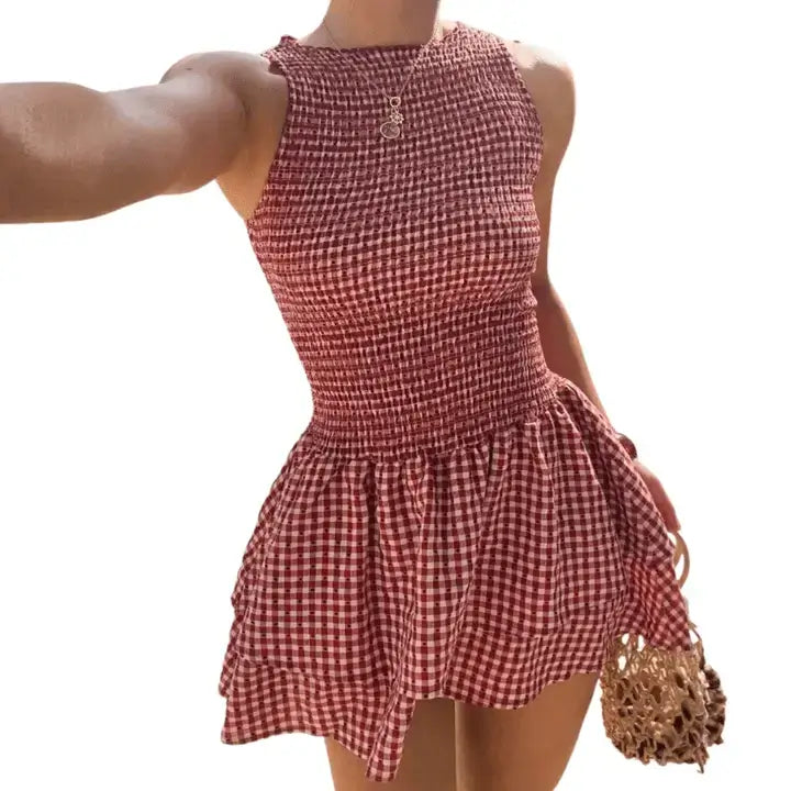 LACINDA™ – Elegante vestido abullonado de cuadros con hombros descubiertos