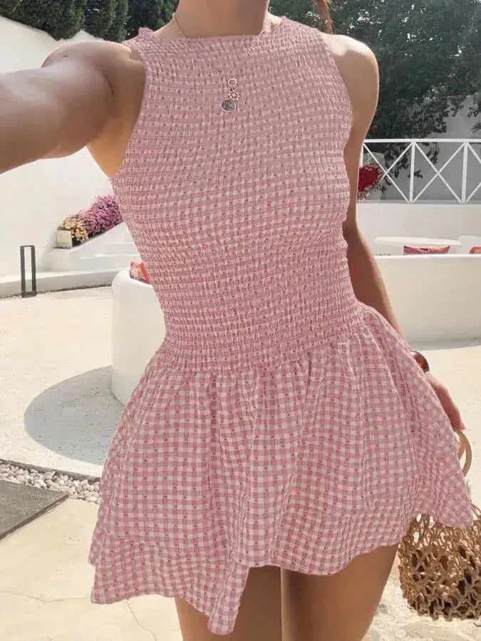 LACINDA™ – Elegante vestido abullonado de cuadros con hombros descubiertos